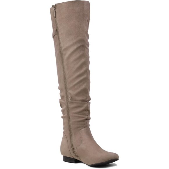 Women's Khaki Suede Over The Knee Thigh High Comfortable Low Heel Winter Boots - Picture 3 of 5